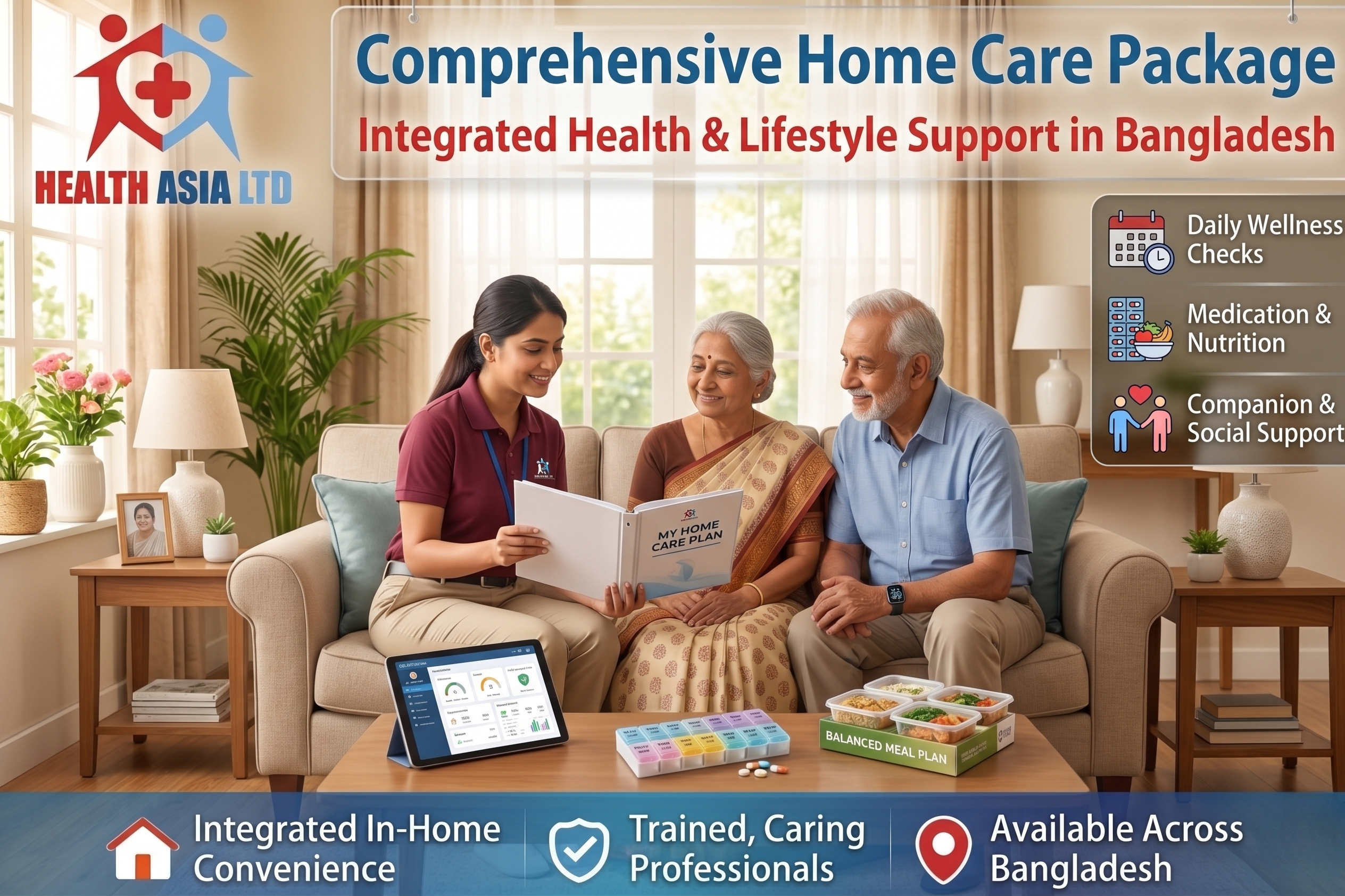 A promotional advertisement image for Health Asia Ltd., a service provider in Bangladesh. The top-left corner features the Health Asia Ltd. logo. A white headline band across the top reads: 'Comprehensive Home Care Package' above 'Integrated Health & Lifestyle Support in Bangladesh' in red. Below, a younger female caregiver is seated on a sofa with an elderly man and woman, all smiling as the caregiver shows them an open booklet titled 'My Home Care Plan'. The man wears a lungi and has a smart watch, and the woman wears a sari. In the foreground, on a coffee table, are a tablet displaying a dashboard of health statistics, a multi-compartment pill organizer, and stacked meal containers with a 'Balanced Meal Plan' label. A vertical list to the right of the people uses icons and text to highlight features: 'Daily Wellness Checks', 'Medication & Nutrition', and 'Companion & Social Support'. A footer band across the bottom contains three badges with text: 'Integrated In-Home Convenience', 'Trained, Caring Professionals', and 'Available Across Bangladesh'.