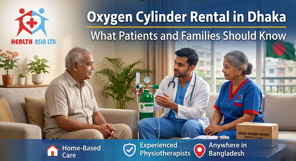 Promotional banner for Health Asia Ltd showing a healthcare professional setting up a medical oxygen cylinder for an elderly couple in their living room. The banner features the headline "Oxygen Cylinder Rental in Dhaka — What Patients and Families Should Know," along with service icons for home-based care anywhere in Bangladesh.