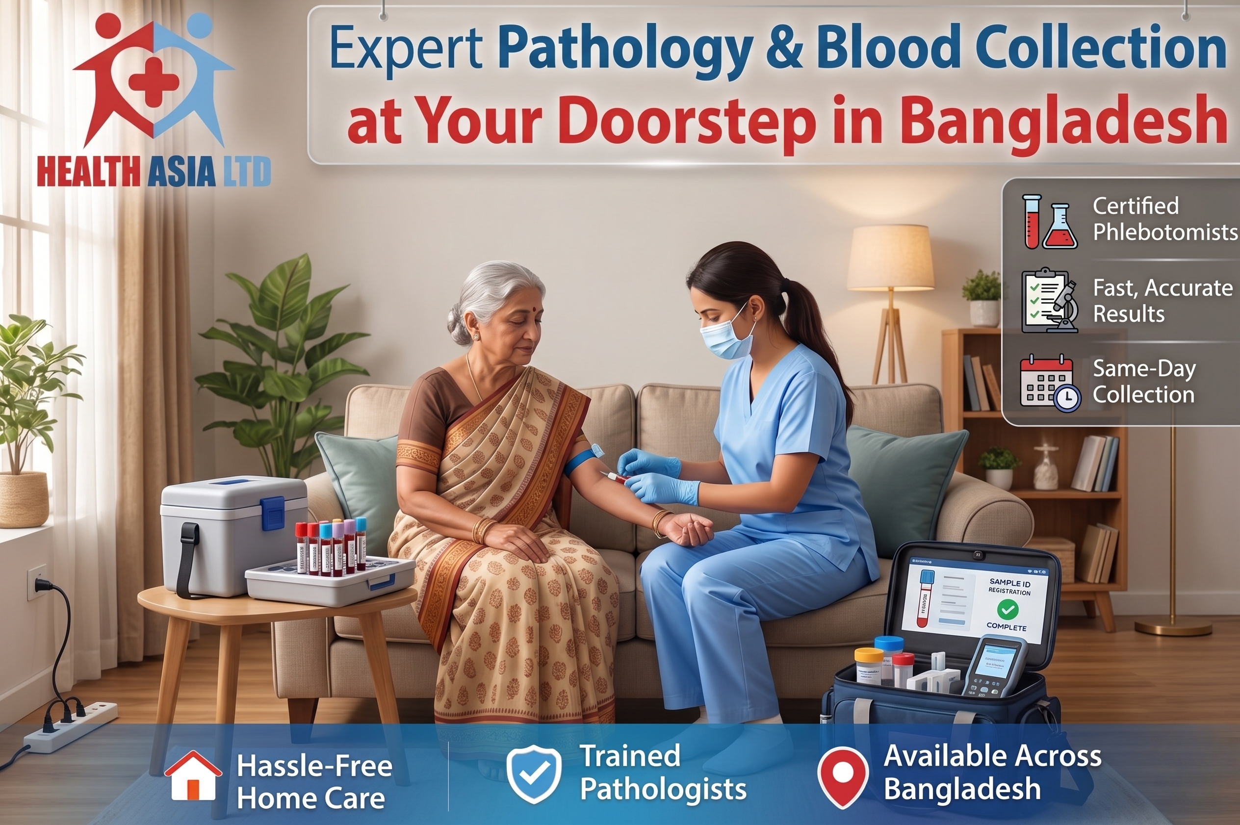 An advertising graphic for Health Asia Ltd., with the main headline across the top: 'Expert Pathology & Blood Collection at Your Doorstep in Bangladesh'. The central image depicts a professional healthcare worker, wearing a face mask, blue scrubs, and gloves, in a comfortable home living room. She is carefully performing a blood draw from the arm of an older woman wearing a traditional sari, who is seated on a couch. The worker has a sample collection kit and a handheld device with a screen showing a 'COMPLETED' status for a sample ID registration. To the right of the central image, a vertical column of three icons and text lists key features: a test tube icon for 'Certified Phlebotomists', a microscope and chart icon for 'Fast, Accurate Results', and a calendar icon for 'Same-Day Collection'.
