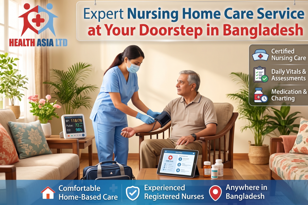 An advertising graphic for Health Asia Ltd., with the main headline across the top: 'Expert Pathology & Blood Collection at Your Doorstep in Bangladesh'. The central image depicts a professional healthcare worker, wearing a face mask, blue scrubs, and gloves, in a comfortable home living room. She is carefully performing a blood draw from the arm of an older woman wearing a traditional sari, who is seated on a couch. The worker has a sample collection kit and a handheld device with a screen showing a 'COMPLETED' status for a sample ID registration. To the right of the central image, a vertical column of three icons and text lists key features: a test tube icon for 'Certified Phlebotomists', a microscope and chart icon for 'Fast, Accurate Results', and a calendar icon for 'Same-Day Collection'.