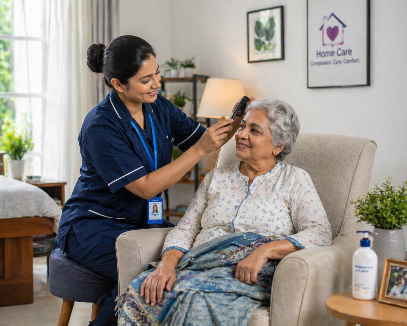 Caregiver helping an elderly woman with personal grooming during home care service