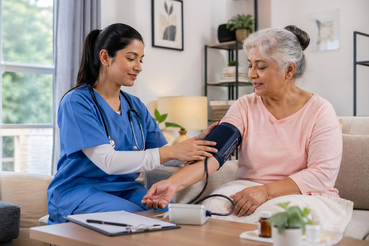 Home care nurse checking blood pressure of an elderly patient at home