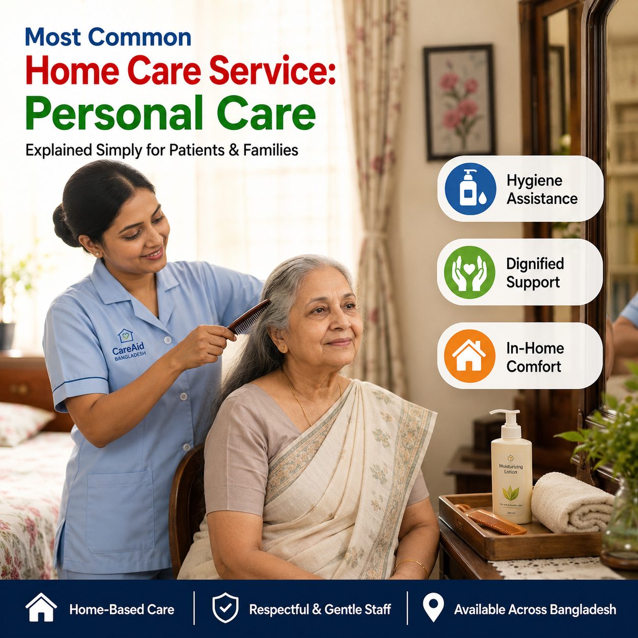 A caregiver assisting an elderly patient as part of a routine home care service personal care plan