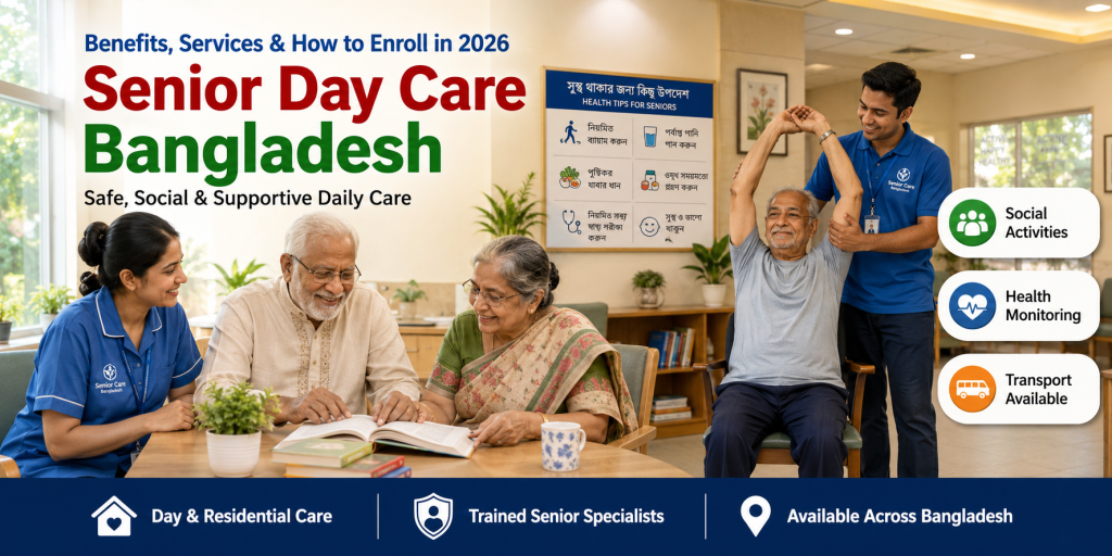 A group of elderly individuals participating in activities at a senior day care facility in Bangladesh.