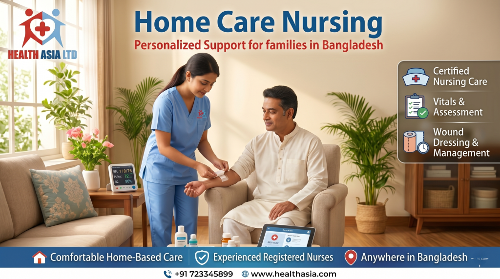A promotional banner for Health Asia Ltd titled "Home Care Nursing: Personalized Support for families in Bangladesh." In a bright, comfortable living room, a female nurse in blue scrubs is carefully applying a bandage to the arm of an elderly man dressed in a traditional panjabi, seated in an armchair. A digital blood pressure monitor, medical supplies, and a tablet displaying a "Care Plan" sit on the coffee table nearby. A floating menu on the right lists services: "Certified Nursing Care," "Vitals & Assessment," and "Wound Dressing & Management." The bottom blue banner highlights "Comfortable Home-Based Care," "Experienced Registered Nurses," and "Anywhere in Bangladesh," alongside a phone number and website.