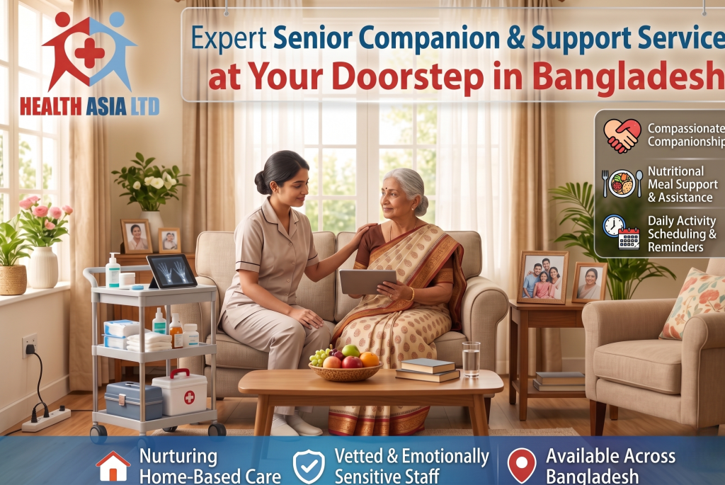 A detailed promotional banner for Health Asia Ltd, advertising 'Expert Senior Companion & Support Service at Your Doorstep in Bangladesh'. The central image shows a compassionate female caregiver in a beige uniform sitting on a sofa next to an elderly Bangladeshi woman wearing a patterned saree; both are smiling and looking at a tablet together in a cozy living room. On the right side, icons and text list key features: Compassionate Companionship, Nutritional Meal Support & Assistance, and Daily Activity Scheduling & Reminders. A blue footer bar across the bottom features icons and text guarantees: Nurturing Home-Based Care, Vetted & Emotionally Sensitive Staff, and availability 'Available Across Bangladesh'.