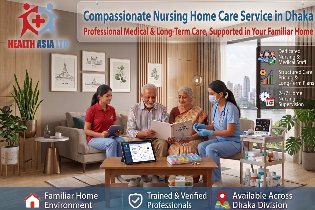 An advertisement graphic for Health Asia Ltd. titled "Compassionate Nursing Home Care Service in Dhaka." The image shows an older couple sitting on a sofa in a modern living room with a cityscape background, reviewing a "HOME CARE PLAN" binder. A caregiver in a red polo shirt holding a tablet stands on the left, and a masked nurse in blue scrubs on the right checks the elderly woman's vitals. A coffee table holds another tablet, a pill organizer, and meal plan containers. A medical supply cart is visible. Text panels highlight features like dedicated staff, structured pricing, 24/7 supervision, and availability across the Dhaka Division.