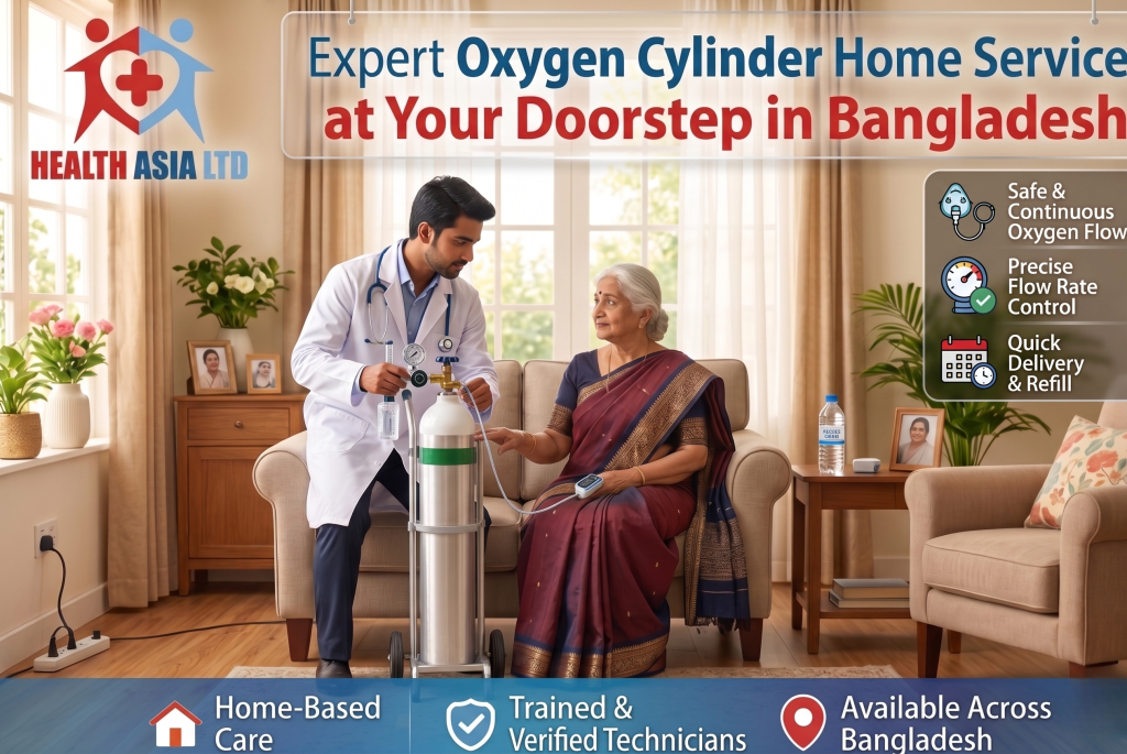 Promotional image for Health Asia Ltd featuring a male healthcare professional in a white coat setting up a medical oxygen cylinder for an elderly woman seated comfortably in her living room. The main text reads "Expert Oxygen Cylinder Home Service at Your Doorstep in Bangladesh." Side and bottom banners highlight key features: safe and continuous oxygen flow, precise flow rate control, quick delivery and refill, home-based care, trained and verified technicians, and nationwide availability.