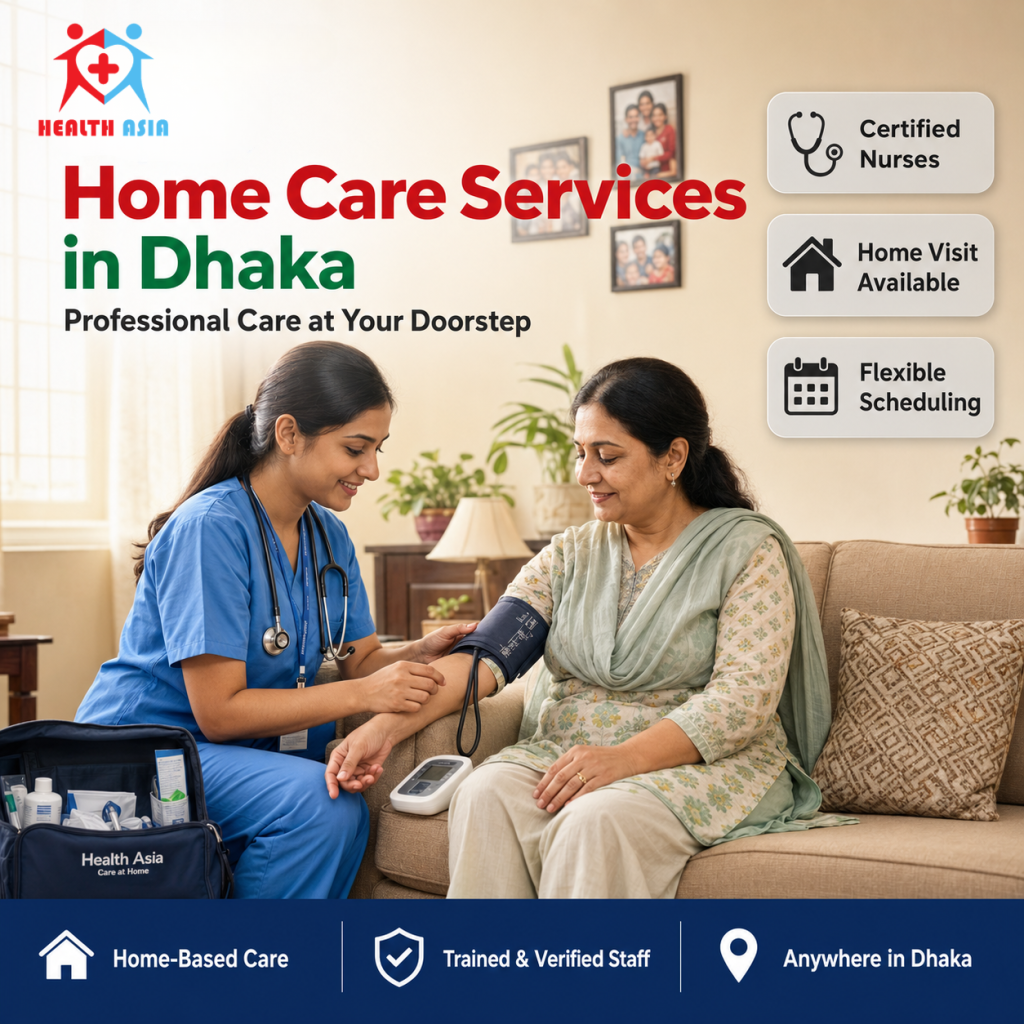 Home care services in Dhaka including skilled nurses, patient assistance, and recovery support in a residential setting