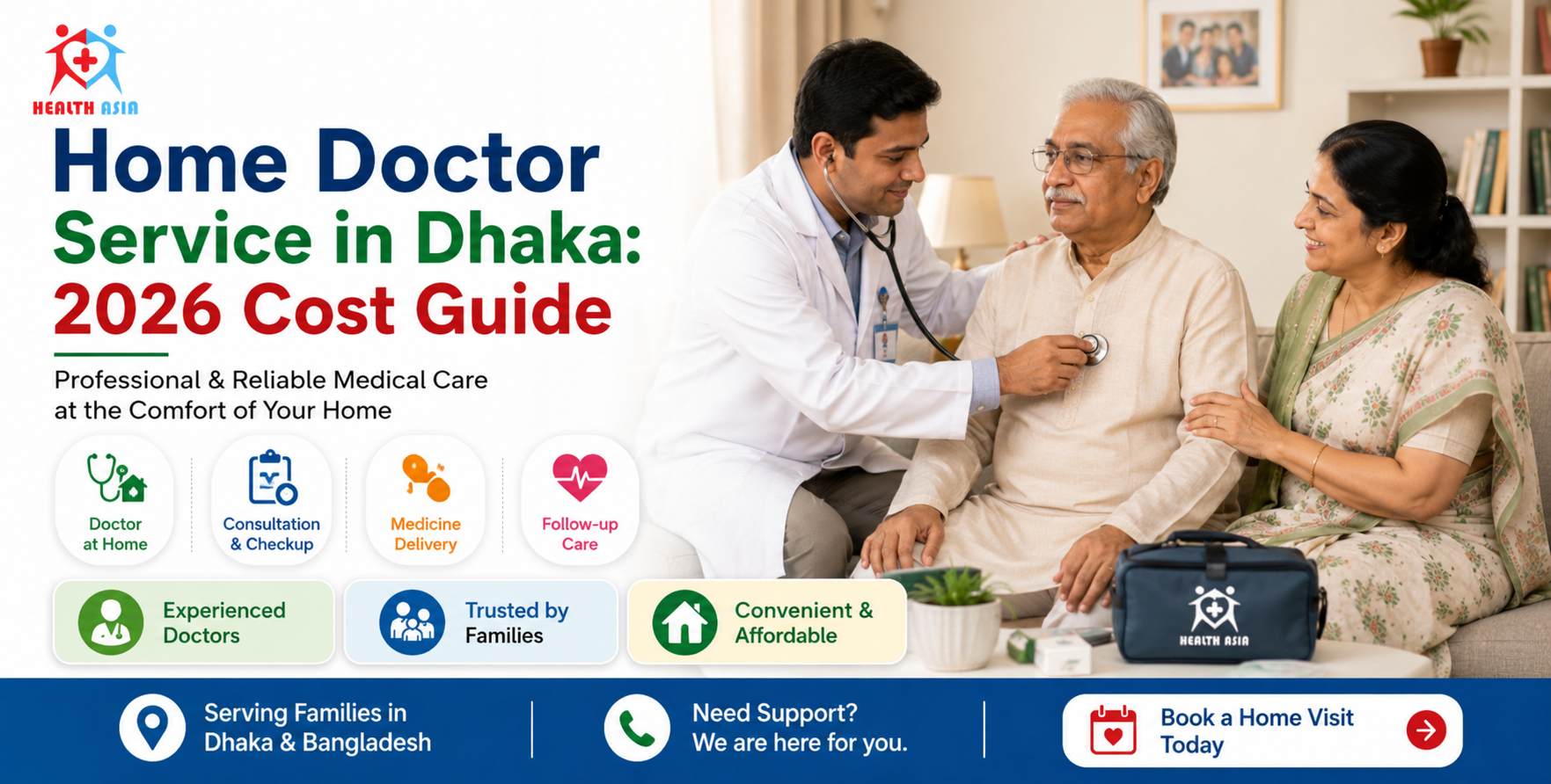 A medical doctor visiting a patient at home as detailed in the Home Doctor Service in Dhaka: 2026 Cost Guide