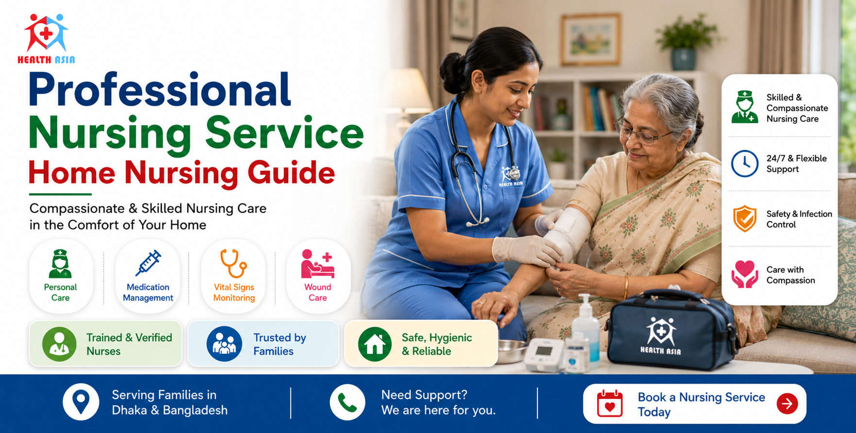 : "A compassionate caregiver assisting a patient, highlighting the Take Professional Nursing Service | Home Nursing Guide