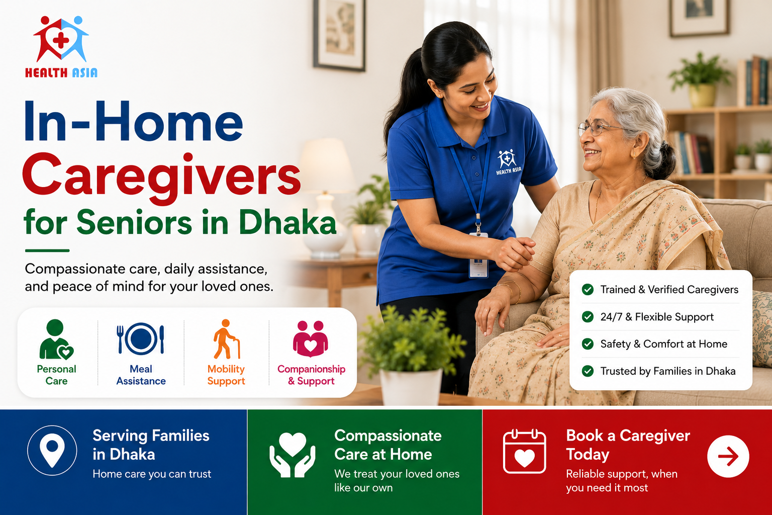 In-home caregivers for seniors in Dhaka by Health Asia showing compassionate elderly care, daily assistance, and home support for senior patients.