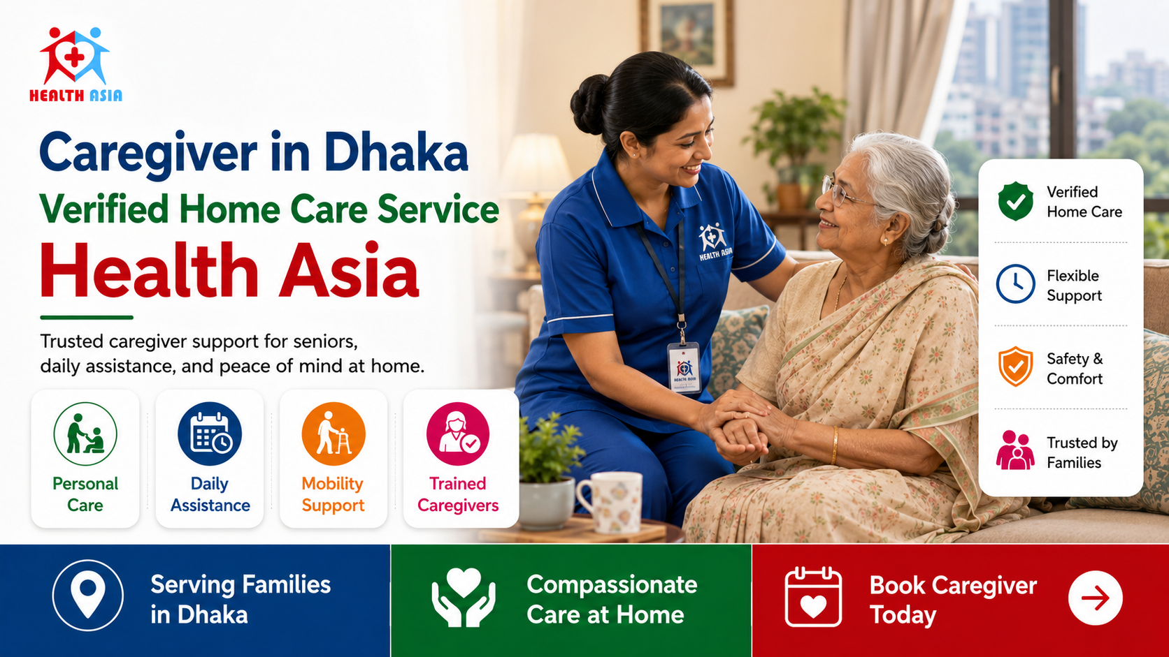 Caregiver in Dhaka by Health Asia showing verified home care support, personal assistance, mobility help, and compassionate senior care at home.