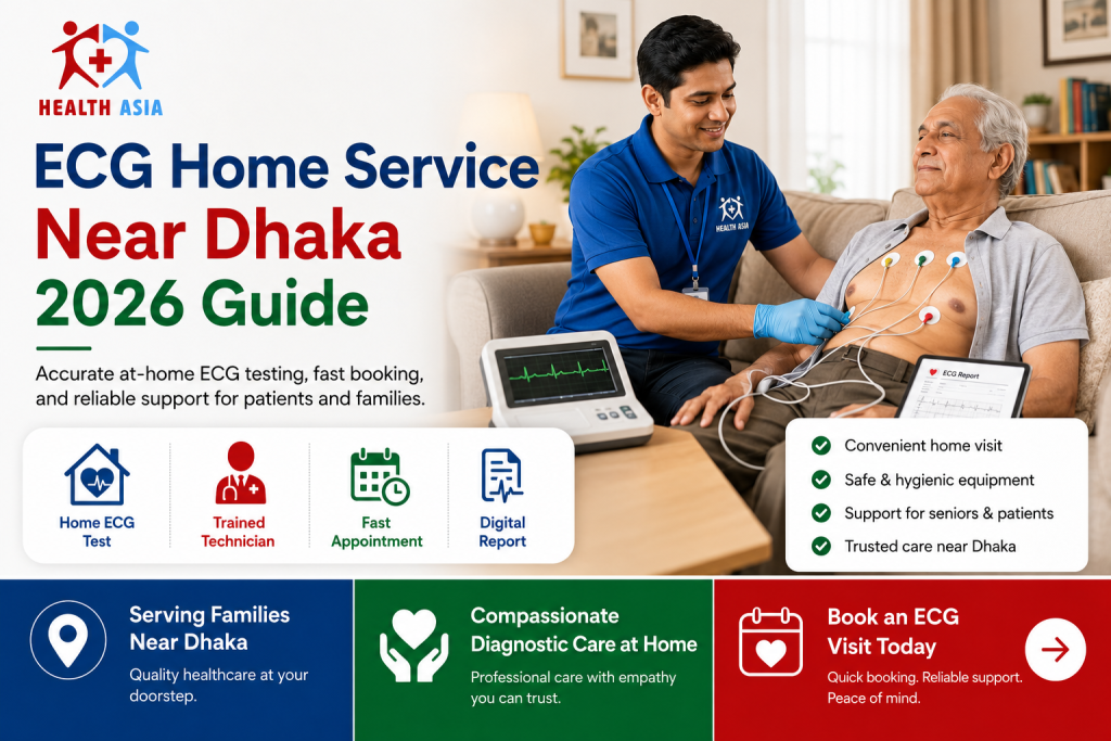 ECG Home Service Near Dhaka 2026 Guide showing trained technician, portable ECG test, digital report, and home diagnostic care for seniors.