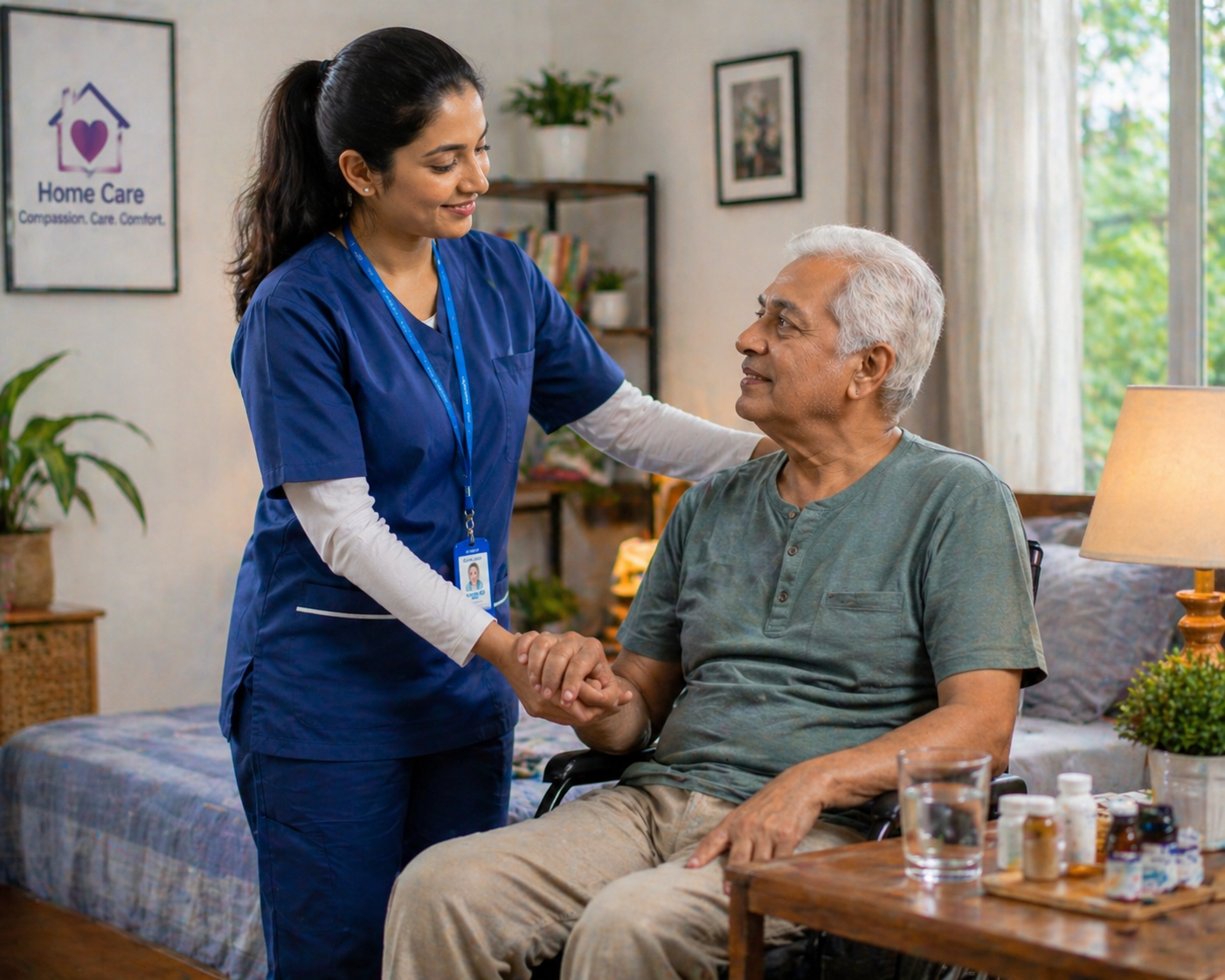 Caregiver providing emotional support to an elderly patient during home care service