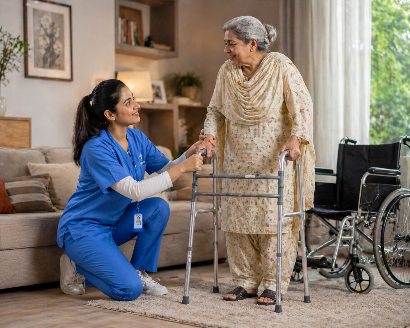 Caregiver helping an elderly woman walk with a walker during home care service