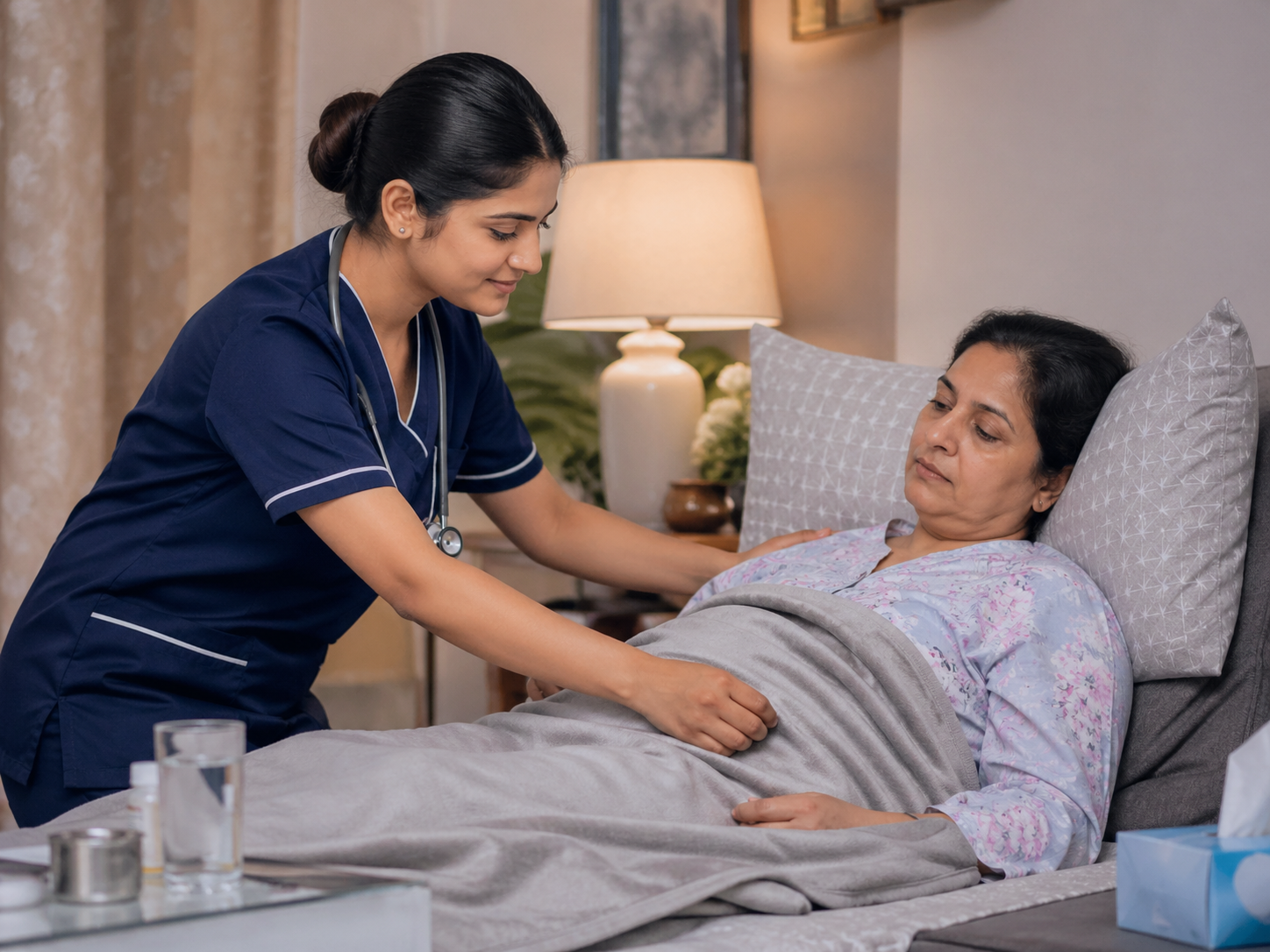 Professional nurse providing home care service to an ill patient at home